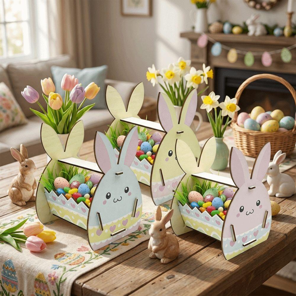 DIY Paint Easter Bunny Basket Wooden Candy Storage Basket Rabbit Storage Box  Easter Parties