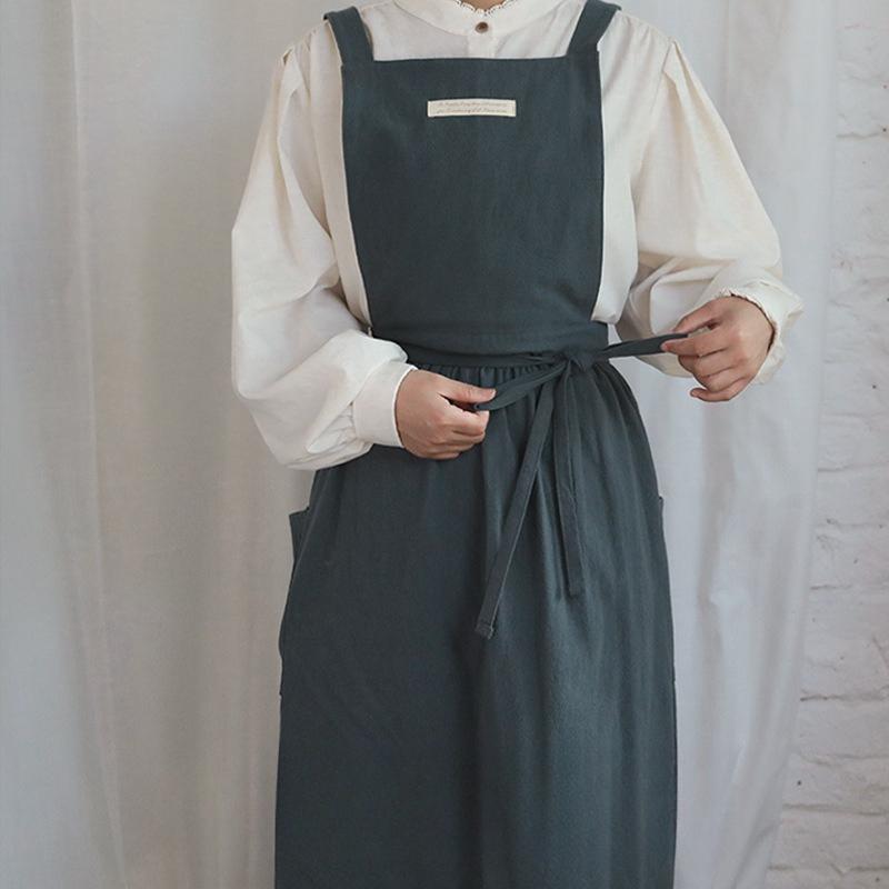 Korean Style Cotton Cafe Apron for Women/Men Nordic Kitchen Bib with Pockets, Unisex Waist Tie Adjustable Soft Breathable Fabric