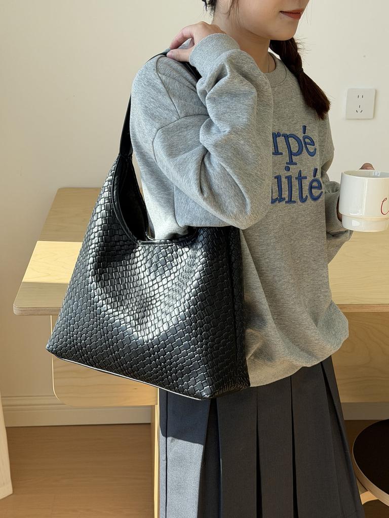 Casual Knitting PU Leather Women's Shoulder Bags Vintage Solid Color Ladies Underarm Bags Fashi Large Capacity Female Tote Bag