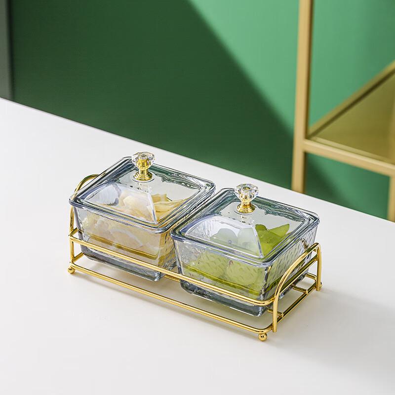 ME Hammered Glass Two-Compartment Serving Plate with Gold Stand and Lid 1 Set