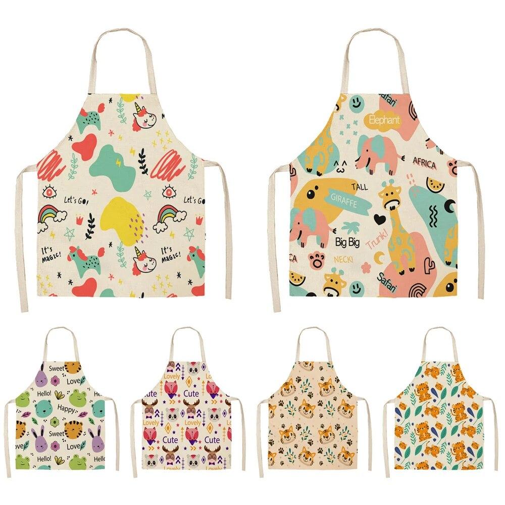 Cartoon Cute Tiger Elk Giraffe Print Kitchen Apron 68x55cm Adult Women's Sleeveless Cooking Apron Household Cleaning Tools