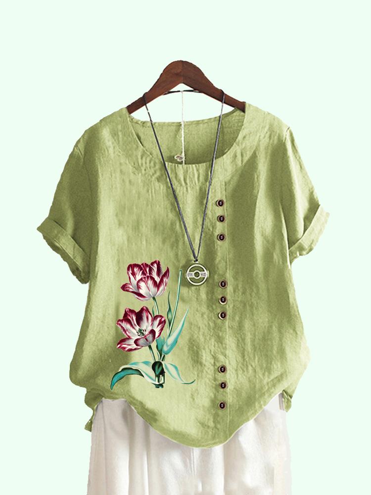 

Женская модная футболка с круглым вырезом, летний топ с цветочным принтом и коротким рукавом, женские повседневные свободные блузки больших размеров S коричневый