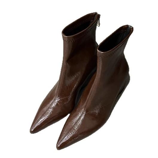 Premium Maillard Brown Pointed Wedge Heel Short Boots Women's High Heel Back Zipper Skinny Boots Autumn and Winter Short Boots