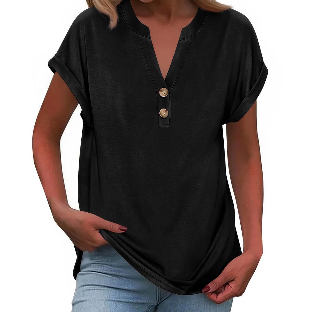 Women's Fashionable Casual Loose-Fit Short-Sleeved Button-Up V-Neck -Colour T-Shirt Top