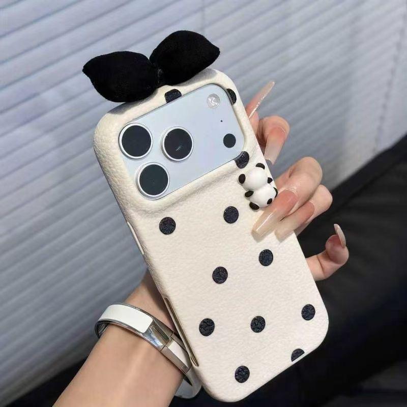 For 17 Pro Max 16 Pro 15 14 Plus 13 12 Pro 11 17 Air Point 3D Panda Toy Bow Grain Leather Soft Phone Case Cover