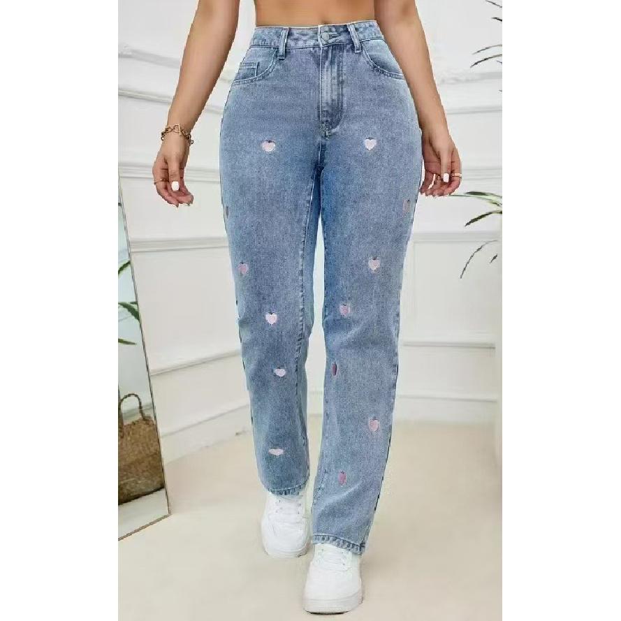 Heart Embroidered Straight-Leg Loose Stretch Women s Denim Pants S