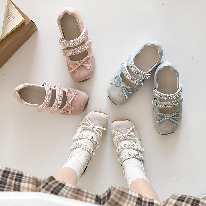 Niche design sense ballet style pearl Mary Jane shoes women's summer fashion bow rhinestone square head casual shoes