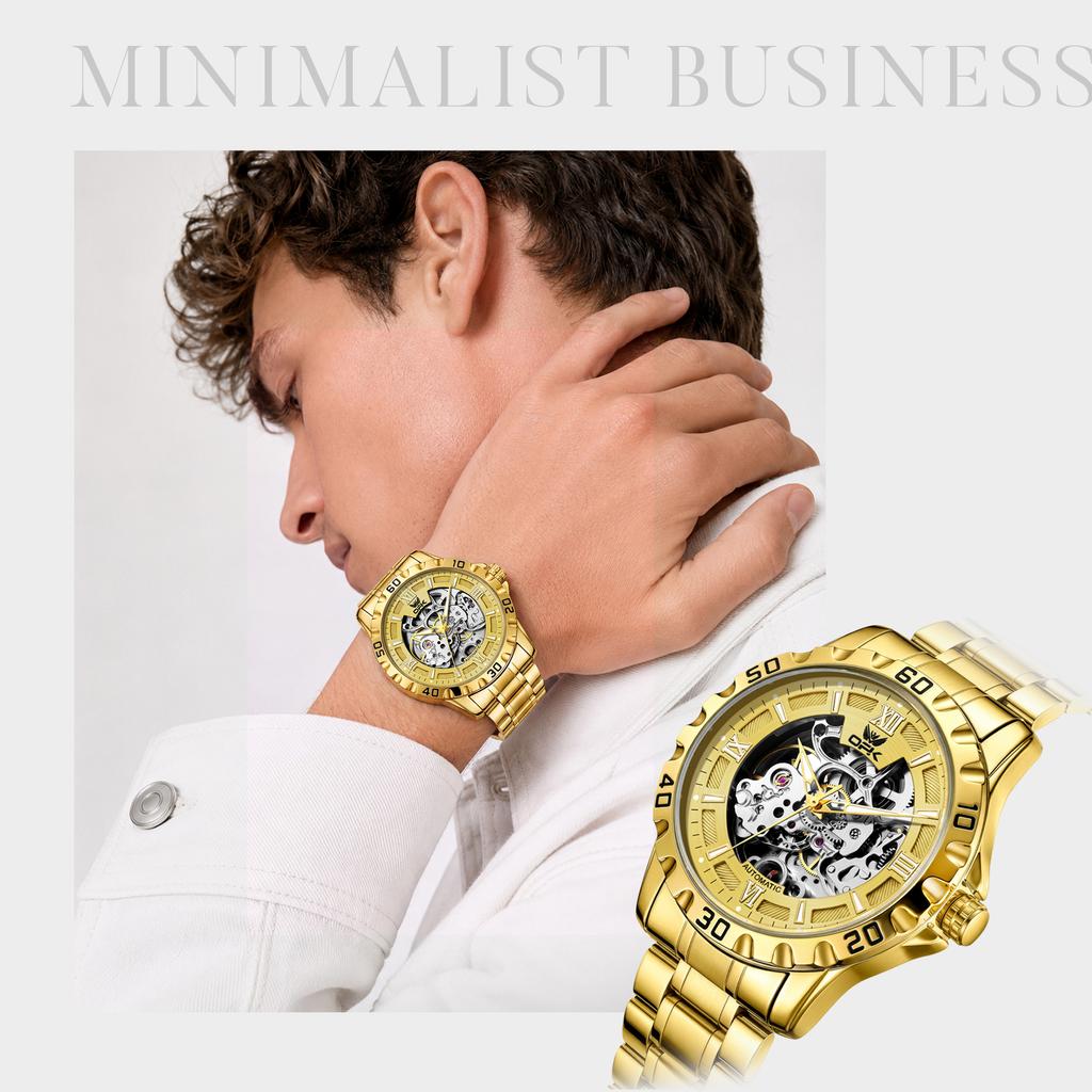 Men's Automatic Mechanical Watch, 44mm Skeleton Hollow Dial Luminous Hands 30M Waterproof Stainless Steel Business Wrist Watch