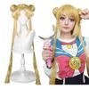 Sailor Moon Tsukino Usagi Dlouhé kudrnaté blond culíky Paruka se 2 culíky s čepicí na paruku pro Halloweenskou kostýmovou párty