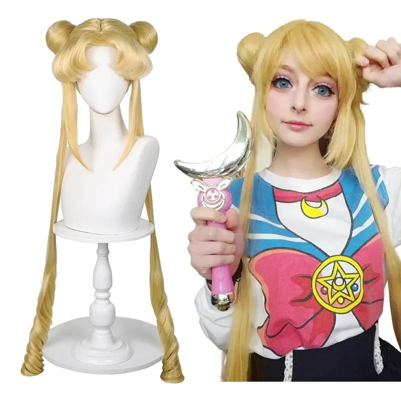Sailor Moon Tsukino Usagi Dlouhé kudrnaté blond culíky Paruka se 2 culíky s čepicí na paruku pro Halloweenskou kostýmovou párty