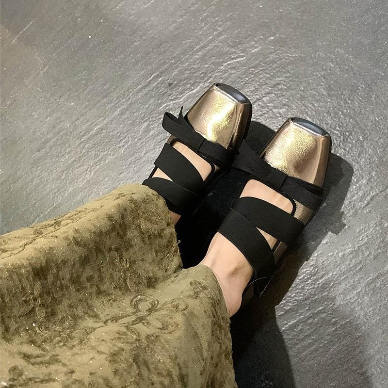 Fashion Square Toe Retro Sporty Ballet Shoes Women's Outer Wear Light Mouth Bow Lace-Up Casual Mary Jane Non-Slip Flats