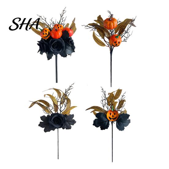 Black Maple Leaf Decor Halloween Flowers Bouquet Decorations, Artificial with Pumpkin Rose Eucalyptus Dried Leaves Flower Stems Floral Stems,