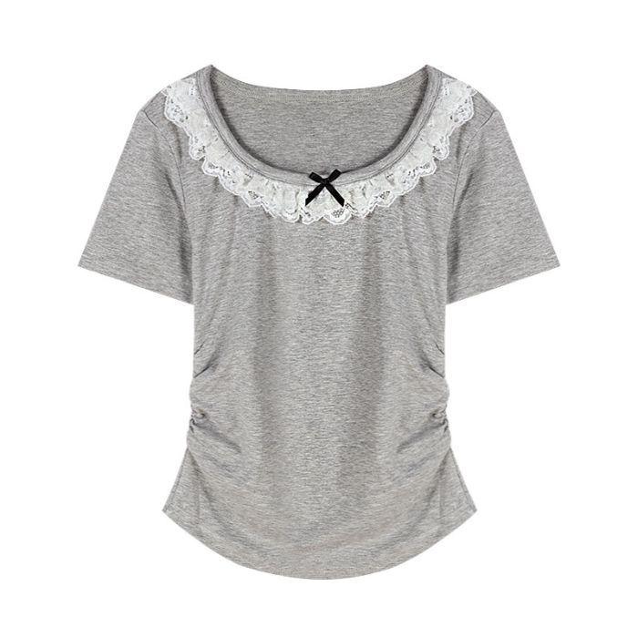 

Женская приталенная укороченная футболка с коротким рукавом и отделкой французским кружевом - Корейский летний стиль Medium серый