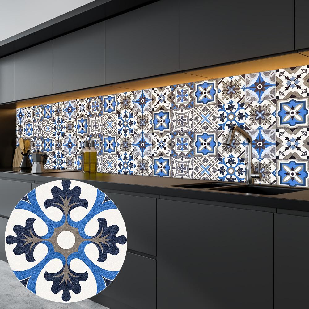 10Pcs Moroccan Blue and Grey Mandala Tile Stickers Frosted Matte Wall Floor Decals Waterproof Peel and Stick Backsplash Panel for Kitchen Bathroom