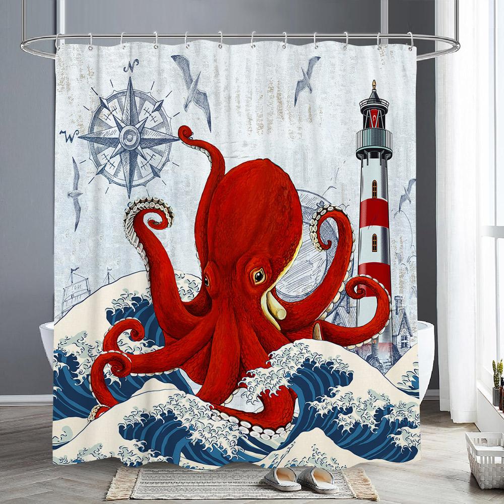 Nautical Octopus Shower Curtain Fun Giant Tentacles Sea Creatures Beach Pirate Maps Polyester Fabric Bath Curtain Bathroom Decor