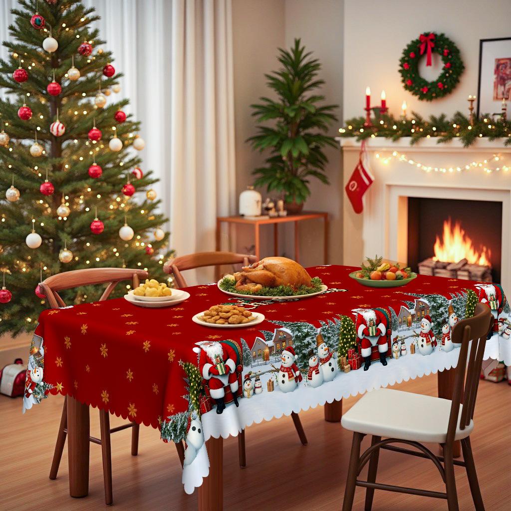 Red Christmas Tablecloth, Snowflake Santa Snowman Pattern, Round Dining Table Cloth Light Luxury Coffee Table Cloth