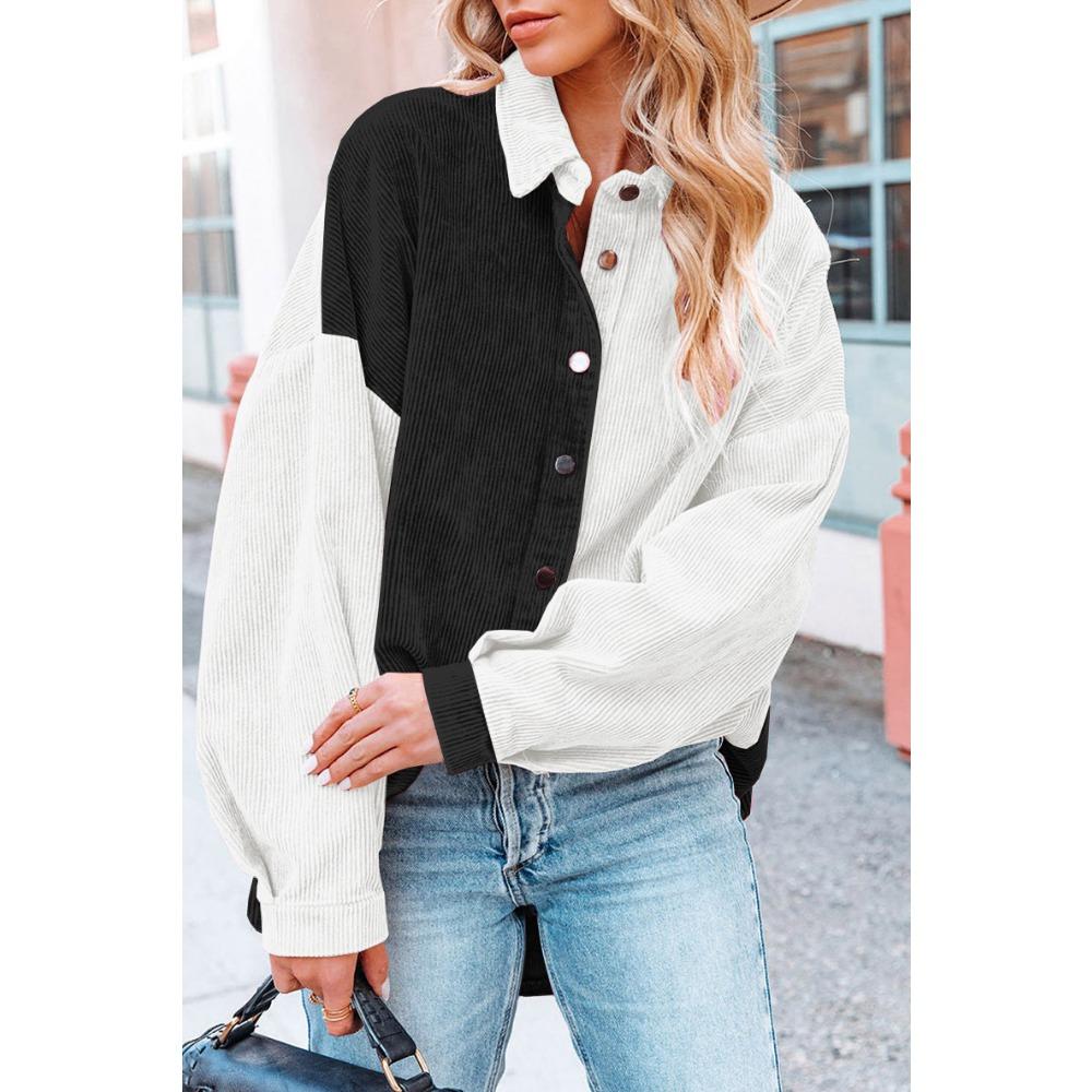 Women's Loose Casual Color Blocked Lapel Button Long Sleeved Shirt Top Long Sleeved Shirt