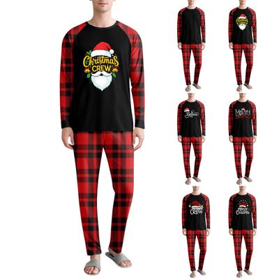 Men's Christmas Print Round Neck Top Casual Comfortable Long Sleeve Plaid Pants Pajama Set