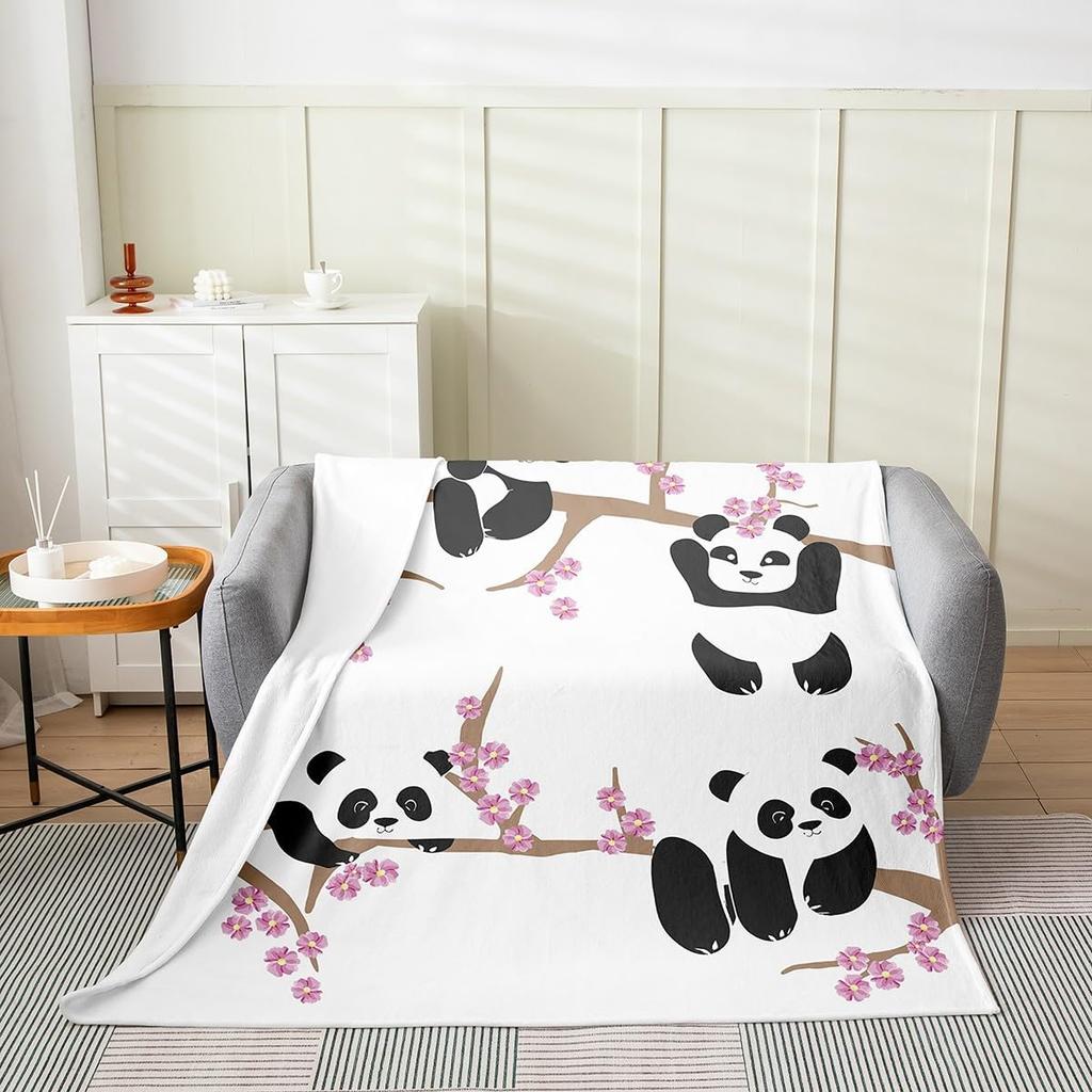 Cartoon Panda Throw Blanket for Kids Boys Girls Pink Cherry Blossom Fleece Blanket Baby,Kawaii Hand Drawn Panda Flannel Blanket Lightweight