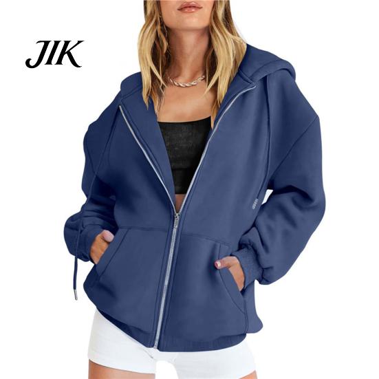 Cozy Hooded Sweater Women Zip Up Hoodies Long Sleeve Oversized Sweatshirt Stylish Drawstring Hoodie Fall Fleece Jackets with Pockets Casual M