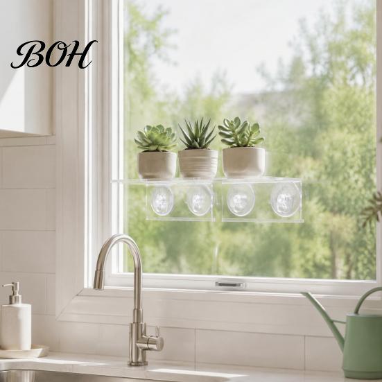 Floating Potted Plant Stands Window Suction Cup Storage Rack, Clear Acrylic Shelf with Microgreen Growing Trays Strong Adsorption, Stand for