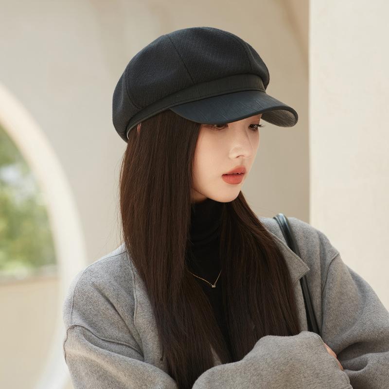 

FallSeason and ColdSeason British Retro Leather Octagonal Hat DailyWear and Styleable Versatile Face Showing Small Duck Tongue Beret One Size