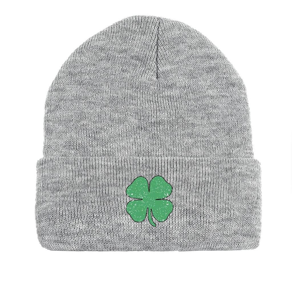 Green Four Leaf Shamrock Warm Knit Cap Beanie, St. Patrick's Day Man Cap Autumn Winter Casual Pompom Beanies Knitted Hat Beanie