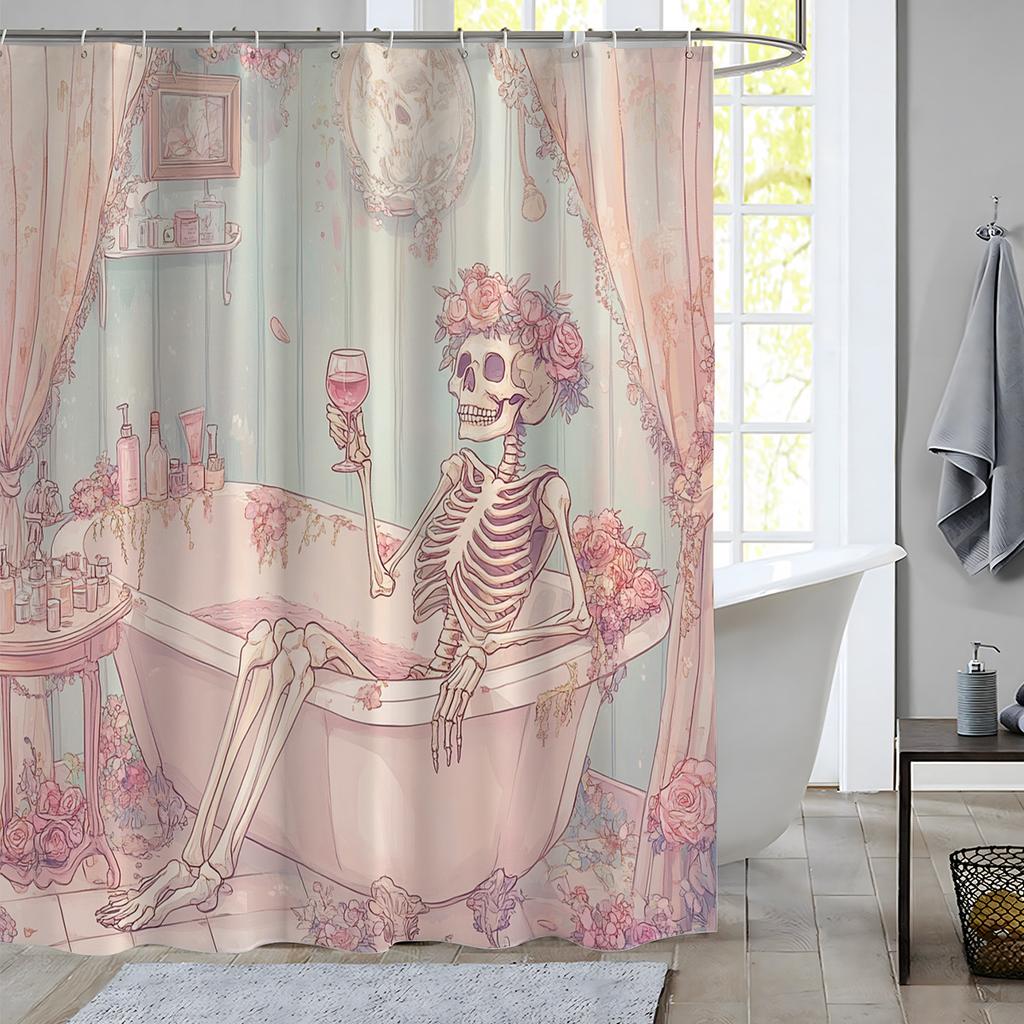 1pc Valentine's Day Pink Skull Digital Print Shower Curtain, Machine Washable, Woven, Bathroom Decorative Pattern Curtain
