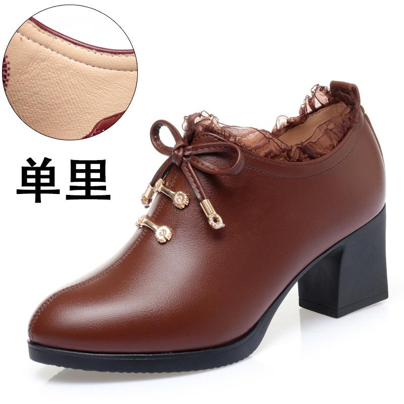 Women Spring Autumn New Fashion Lace Soft Leather Platform Pumps Korean Style Casual Waterproof Pointed Toe Single Shoes