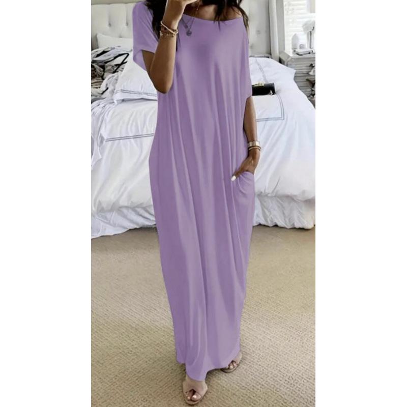 European & American Summer Women's Solid Color Short Sleeve Long Dress
