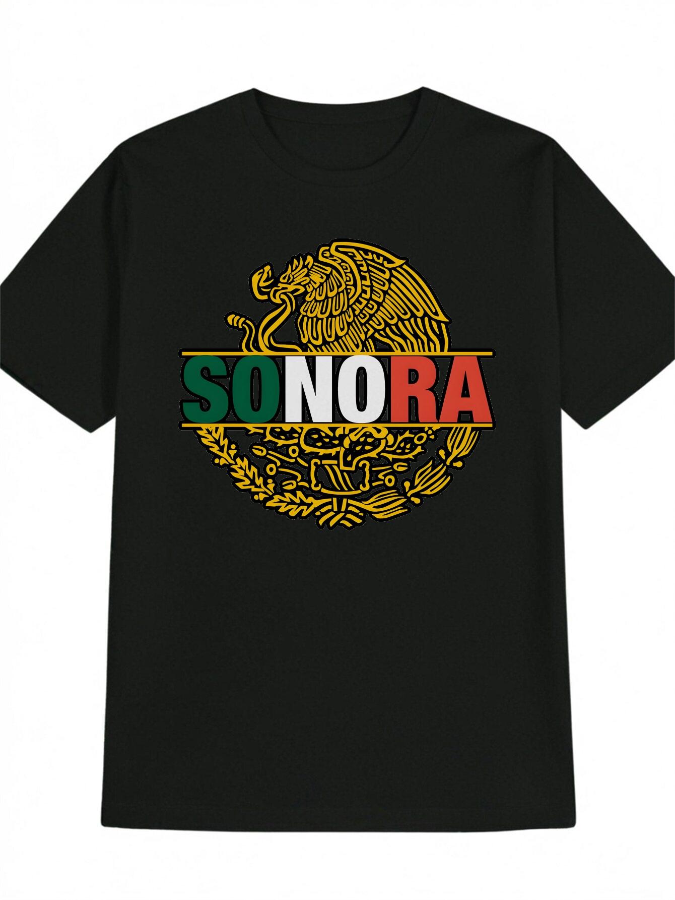 

Casual Short Sleeve T-shirt with Eagle & SONORA Graphic Print - Black with Golden & Green Tribal Design XXL