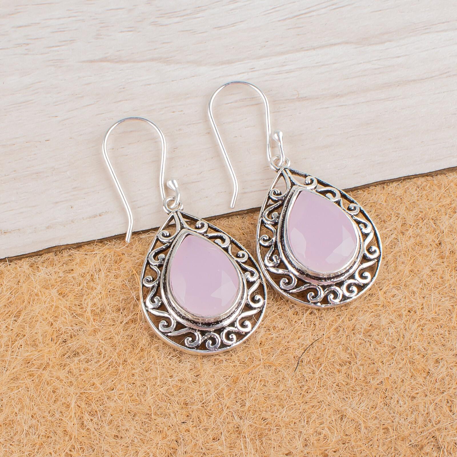 

Rose Chalcedony Gemstone 925 Sterling Silver Jewelry Handmade Earrings 1.72 CE-4-16