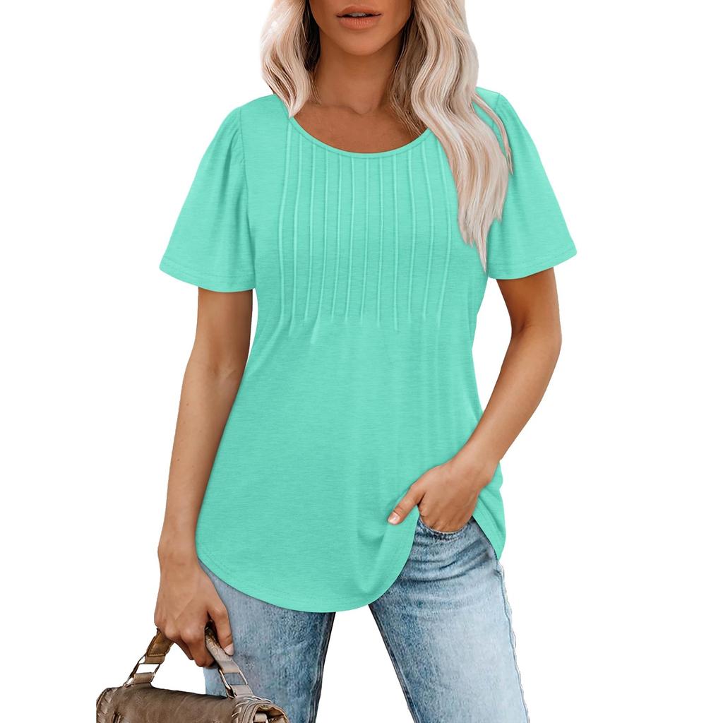 Women Short Sleeve Pleated T Shirt Casual Loose Fit Crew Neck Ruched Top Soft Lightweight Blouse for Daily Wear Office School