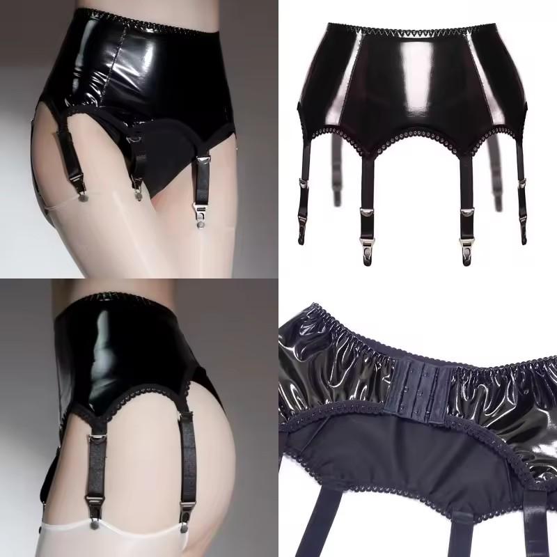 Gothic Wet-Look PVC Leder Hohe Taille Hosenträger Offener Schritt Exotische Dessous Clubwear Nachtclub Sexy Strumpfbandgürtel mit 6 Strümpfen