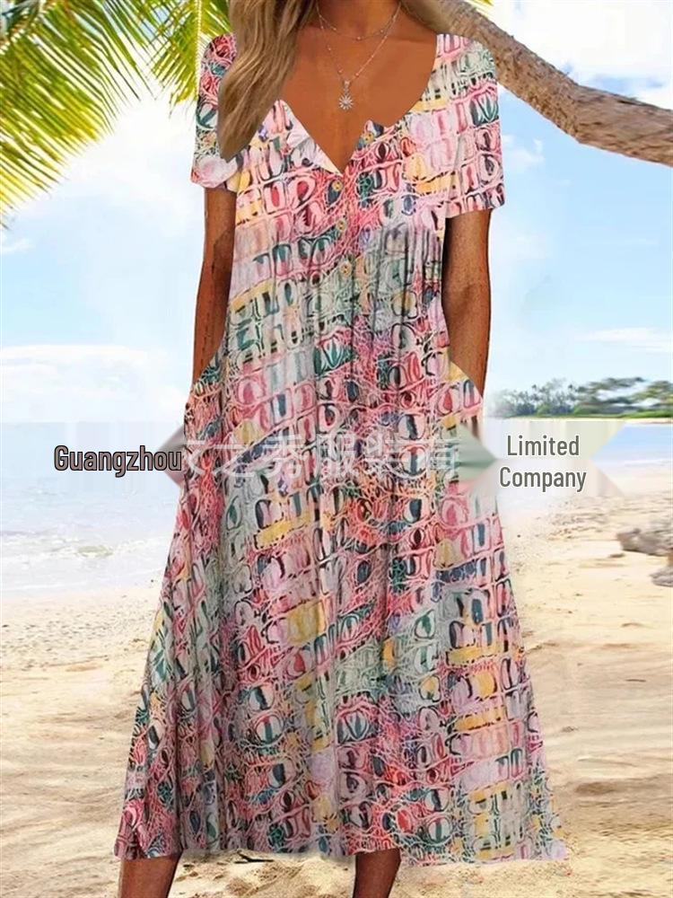 2023 Plus Size Retro Spliced Cardigan Pocket Pleated Dress