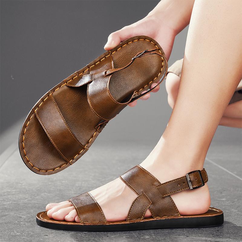 Men Slippers Handmade Simple Flats Summer Roman Sandals Retro Brown Leather Beach Shoes Plus Size