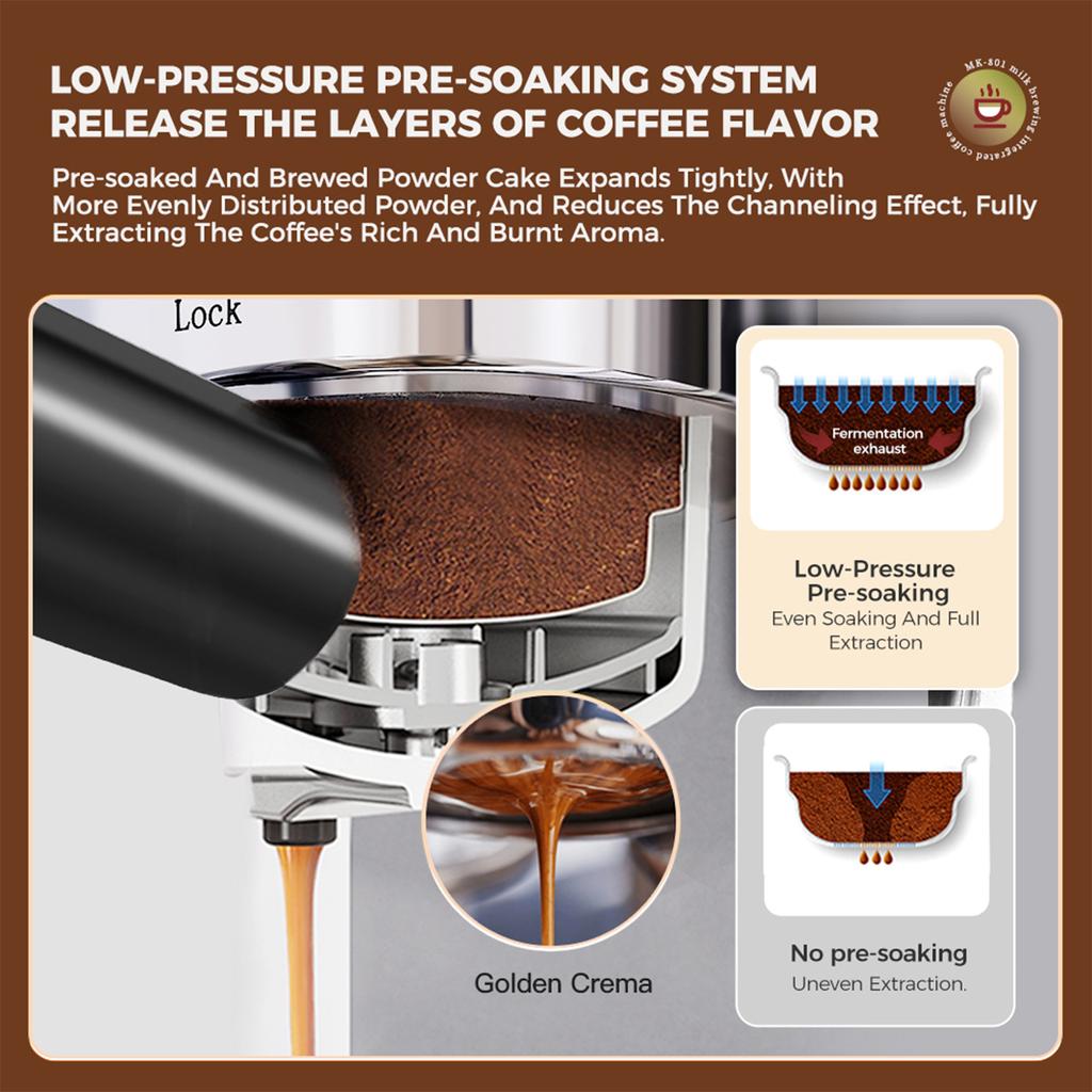 Electric Coffee Machine with Milk Frothing System 3 Temperature Adjustable 20Bar Pre-brew Coffee