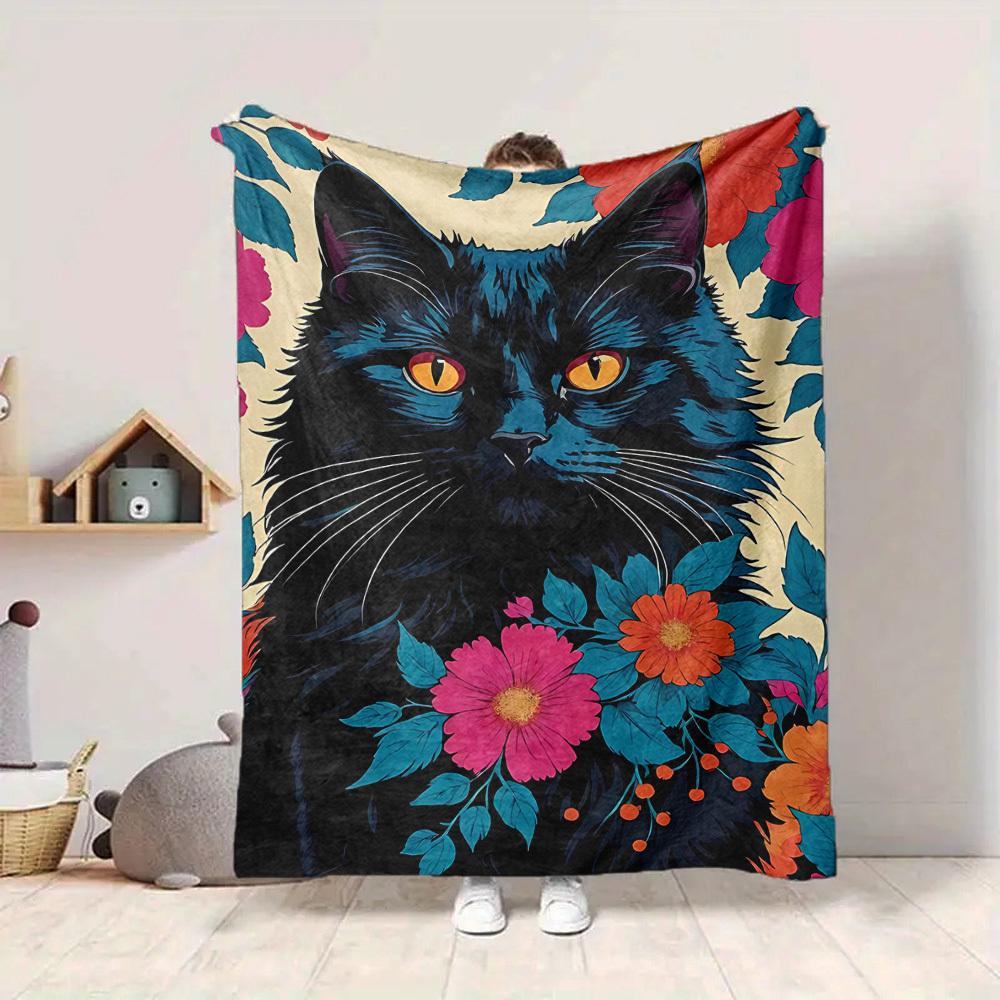1pc Black Cat Print Soft & Warm Polyester Knit Blanket, Digital Printed, All-Season Throw for Napping, Traveling, Sofa yy250906021