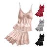 Women's Satin Pajamas Set Lace Cami Top And Shorts Two Piece Sleepwear with Built-in Bra Sexy Camisole Lounge Set
