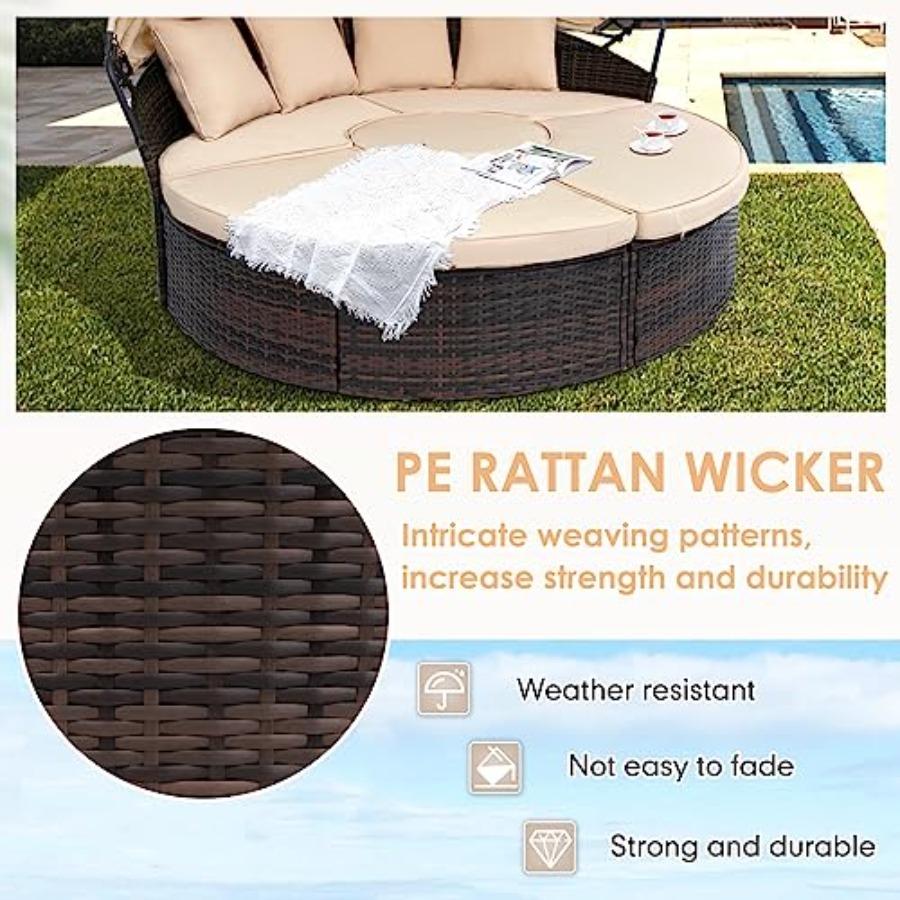 Outdoor Patio Round Daybed with Retractable Canopy, Brown Wicker Furniture Sectional Couch with Washable Cushions, Backyard, Po
