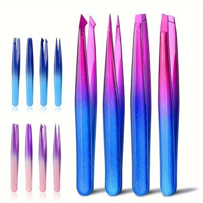 Gradient Shiny Eyebrow Tweezers Set Stainless Steel Eyebrow Clipper with Pointed Mouth Flat Mouth and Slanted Mouth for Hair Rem