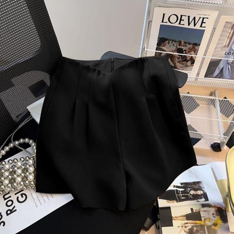 

Женские летние шорты-костюм с высокой посадкой - 2025 Плиссированные, приталенные, с прямыми штанинами, горячие шорты 2XL (Recommends 135-150 lbs) чёрный