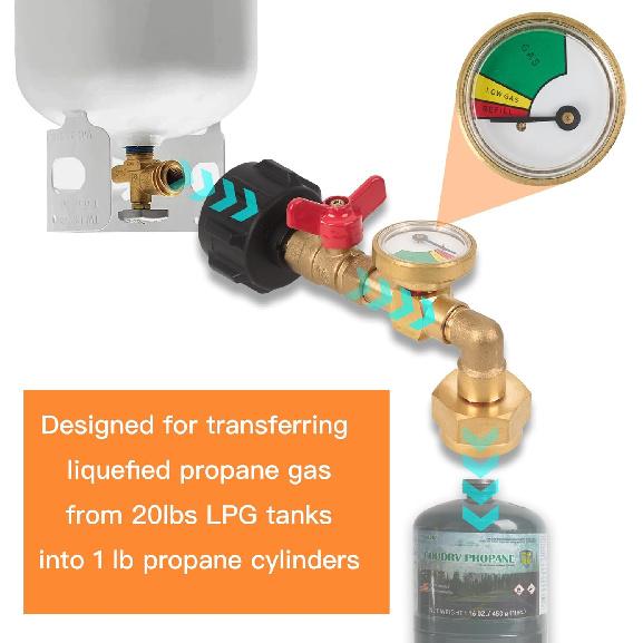 Brass Propane Refill Adapter For 1 Lb Tanks With Guage Convert 20 Lbs LPG Tank To 1Lb Propane Cylinder