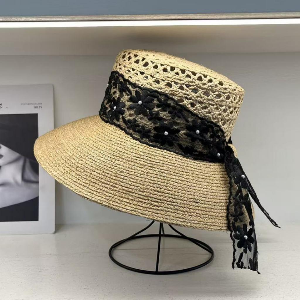 French lace bow raffia big edge sun protection straw hat women's summer travel shade seaside vacation beach hat