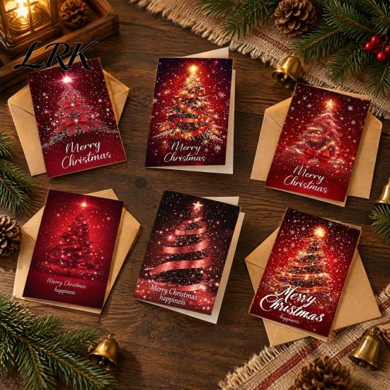Christmas Party Supplies Stationery 6 Pcs Tree Greeting Cards, Merry Sparkly Decorative Seasonal Paper Cards Holiday with Envelopes for Winter,