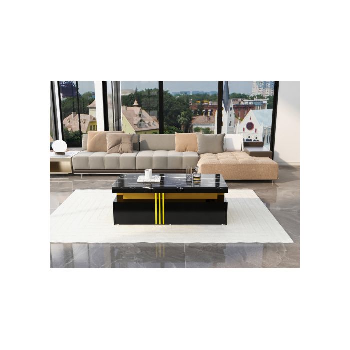 Table basse moderne - MUVOE - Rectangulaire - 2 tiroirs en bois - Plateau en marbre - Brillant