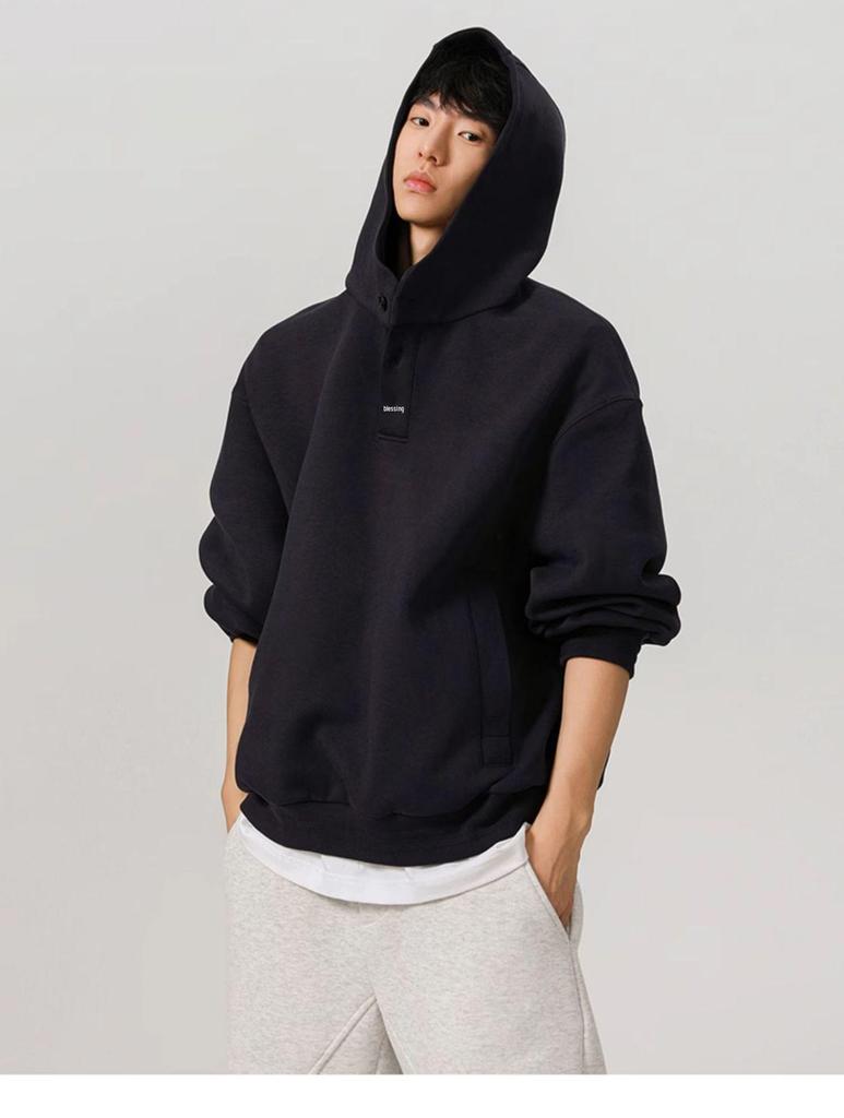 Men's 450g Heavyweight Boxy Cropped Hoodie, Button-Up, American Style for Spring/Autumn