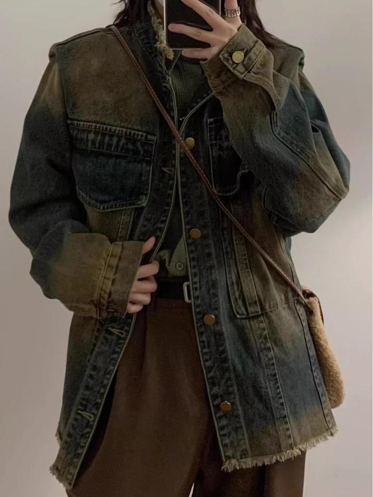 Women's Retro Blue Distressed Denim Jacket with Large Pockets and Frayed Edges