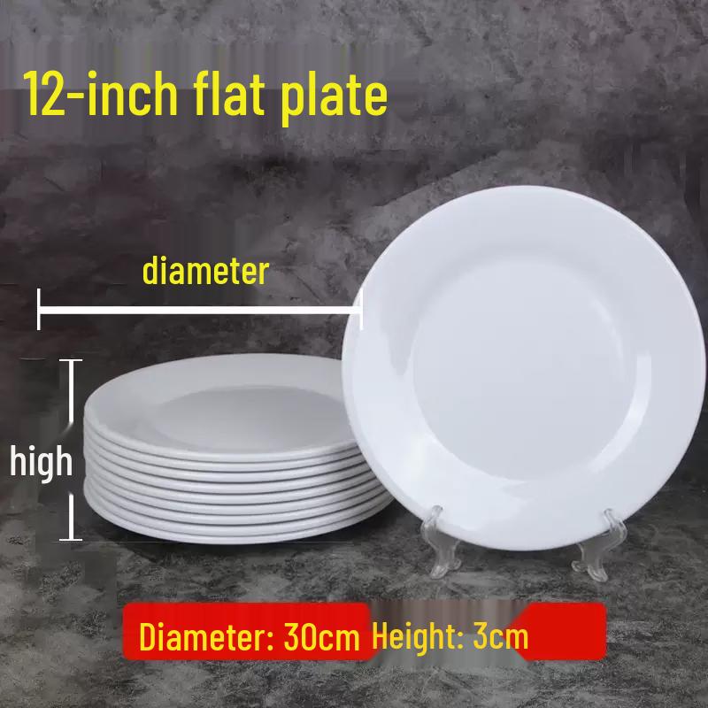 12-inch Commercial White Melamine Round Flat Plates, 10-Pack