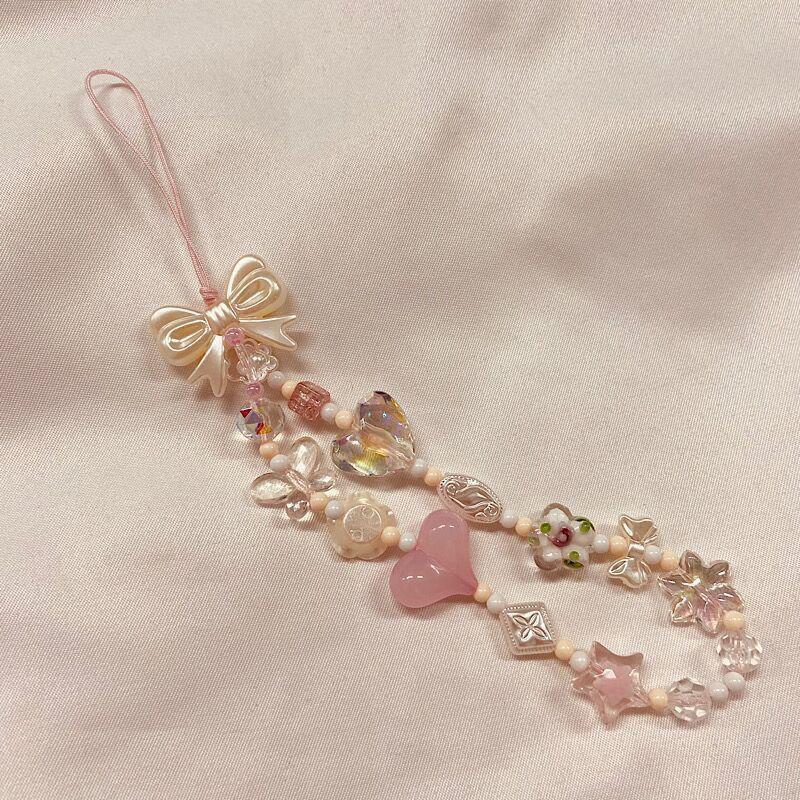 Cute Pink Cherry Blossom Love Bow Beads Mobile Phone Chain Lanyard Keychain Pendant Sweet Charm Girly Bag Hanging Ornaments Gift